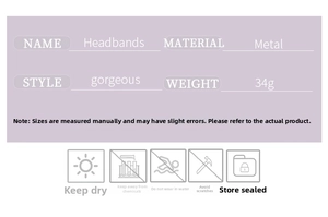 Specifications for the gorgeous metal headband weighing 34g with jewelry care tips