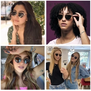 Detailed views of diverse models wearing vintage heart-shaped metal frame polarized sunglasses