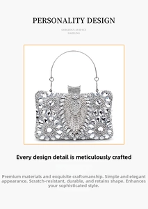Macro detail of silver rectangular evening clutch with peacock feather rhinestone pattern