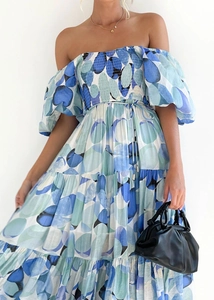 Detailed off-shoulder blue floral tiered dress with puff sleeves and layered skirt