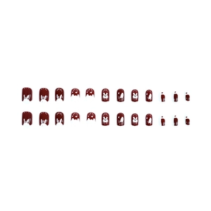 Korte vierkante bordeauxrode kunstnagels met witte konijnmotieven en golfjes