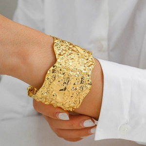 Wide Cuff Bracelet Irregular Hammered Texture Alloy Metal Punk Hip Hop Style Statement Jewelry For Women Opening Bangle