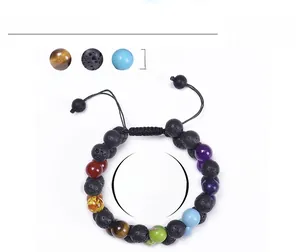 Detail showing adjustable 10mm lava stone and turquoise beaded bracelet with size chart