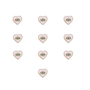 Bulk set of 10 heart enamel charms with blue evil eye design and gold borders