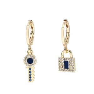 Hip hop style gold earrings featuring asymmetric lock and key design with blue crystals