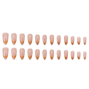 Autumn almond press-on nails with orange fallen leaves pattern and silver glitter accents