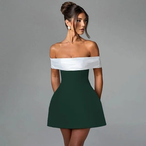Close-up of the off-the-shoulder neckline and color-block design on a slim fit mini dress