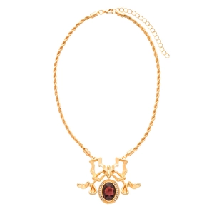 Vintage style gold twist chain necklace with red oval gemstone and crystal pendant