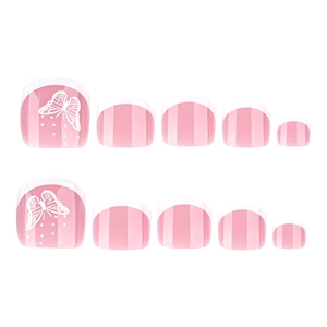 Pink minimalist French press-on toenails with white butterfly and stripe design