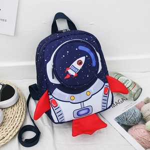 Space rocket kids backpack in navy blue with safety leash and astronaut star pattern
