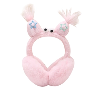 Cute pink plush earmuffs for winter with funny eyes and stars on a white background
