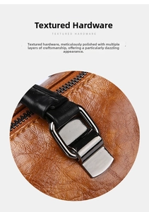 Detail of the polished gunmetal hardware and textured caramel brown leather on the handbag