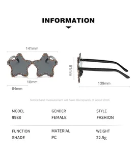 Detailed size chart for star-shaped sunglasses showing frame dimensions and weight