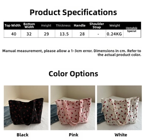 Detailed size chart and dimensions for strawberry embroidery tote bags in three colors
