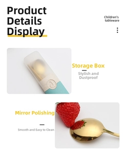 Mirror polished gold stainless steel spoon for children with blue portable storage case