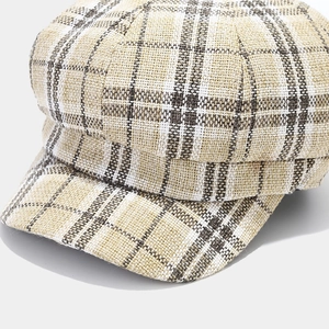 Casquette octogonale respirante en coton et lin avec motif à carreaux rétro chic