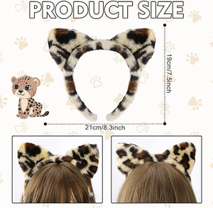 Detail view of leopard faux fur cat ear headband with precise product dimensions and fit