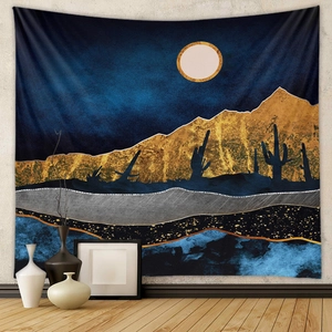 Detail of artistic mountain tapestry hanging on white wall for modern home decor styling