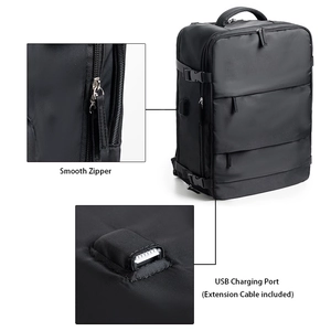 Black travel backpack with smooth zippers and integrated USB charging port for students