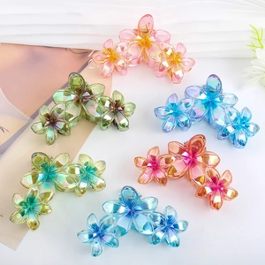 Iridescent jelly color flower hair claw clips with three-flower design in six vibrant colors