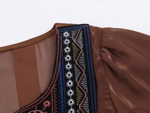 Détail de l'encolure brodée ethnique sur robe marron à rayures pour femmes de qualité