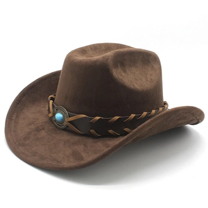 Western Cowboy Hat Faux Suede Wide Brim Retro Fedora With Braided Leather Band And Turquoise Stone For Men Women