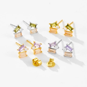 S925 sterling silver stud earrings with champagne and purple square zirconia stones