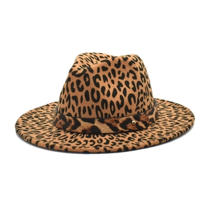 Wide brim leopard print wool fedora hat for men and women with gold stud detail
