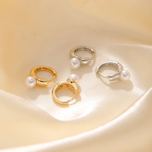 Artificial Pearl Huggie Hoop Earrings Gold Silver Plated Round Minimalist Elegant Fashion Jewelry For Women