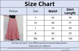 Detailed size chart for high waist plaid maxi skirt with waist and length measurements