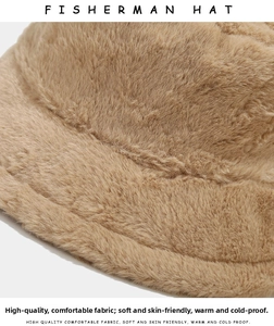 Detail of plush faux fur texture on a warm camel fisherman hat with soft thick lining