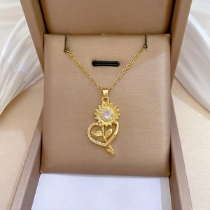 Luxurious gold sunflower heart pendant necklace with zircon in premium display box