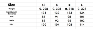 Size chart showing XS to L dimensions and weight for the floral one-shoulder dress