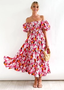 Detail of floral puff sleeve maxi dress with tiered skirt and elastic off-shoulder neckline