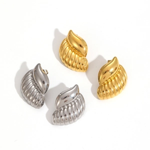 18K gold and silver stainless steel ribbed teardrop earrings in polished metal finish