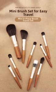 Detailed overhead view of 9-piece mini travel makeup brush set with dark wood handles