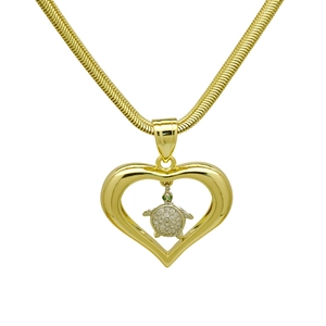 Detail of gold heart pendant with crystal sea turtle charm on a sleek snake chain