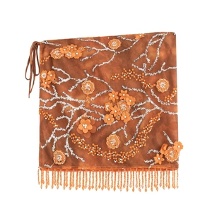 Orange belly dance hip scarf with sequin embroidery and beaded fringe tassels