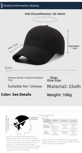 Size chart for black cotton baseball cap showing 7.5cm brim and 56-60cm adjustable circumference