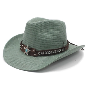 Chapeau de cowboy en paille vert sauge avec ruban turquoise et étoile argentée