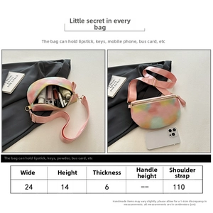 Size chart for rainbow leather chest bag showing dimensions 24x14x6cm and strap detail