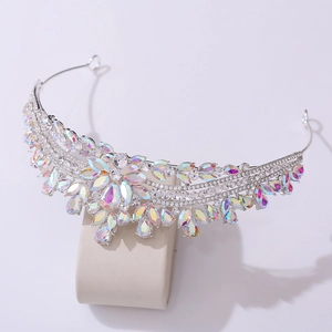 Detailed macro view of colorful shimmering crystals on bridal alloy tiara crown