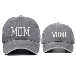 Matching MOM and MINI embroidered grey washed cotton baseball caps for parents and kids