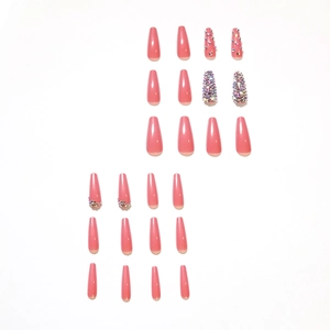 24 faux ongles roses avec pointes françaises et ornements en strass brillants