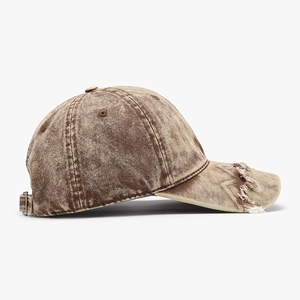 Distressed vintage brown washed denim baseball cap with frayed brim and metal buckle