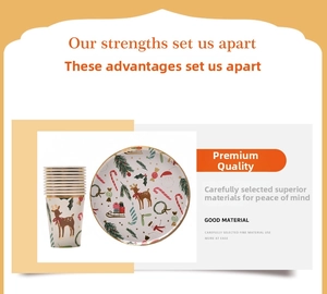 Detail of Christmas disposable tableware set with reindeer and tree patterns on paper plate