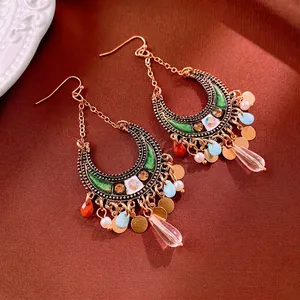 Ethnic bohemian moon earrings with green enamel and multi-color beaded tassels