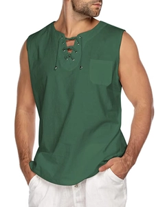 Detail of dark green cotton linen sleeveless shirt featuring V-neck lace-up and chest pocket
