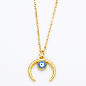 Gold evil eye necklace featuring an inverted crescent moon pendant and blue bead