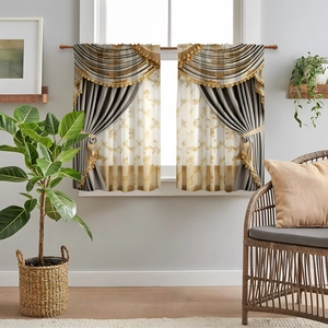 Detail of 2pcs kitchen curtains with gold floral embroidery and decorative hanging tassels